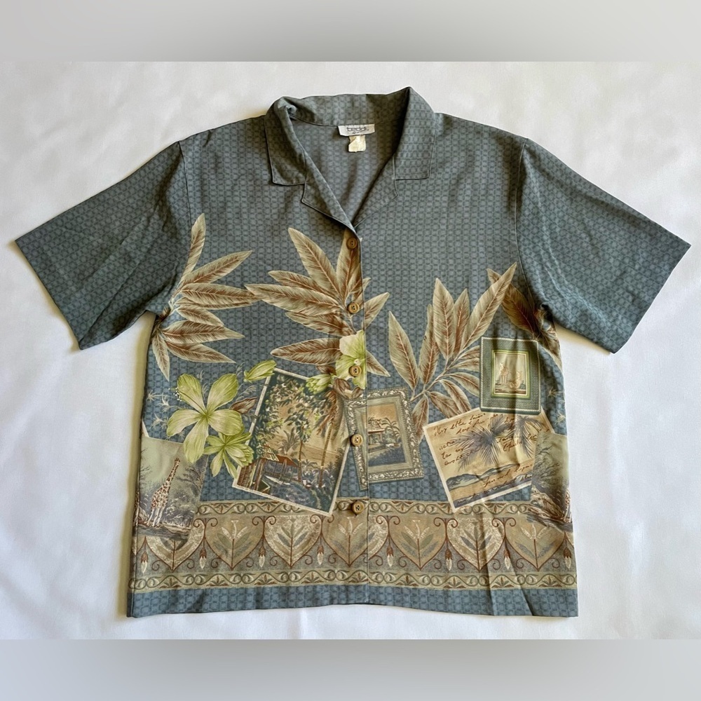Teddi Woman’s Hawaiian Blouse Floral Print Gray Size Large